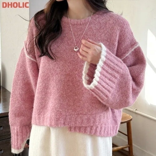 [メガ割りSALE]ラウンドネック配色ウール混ニット