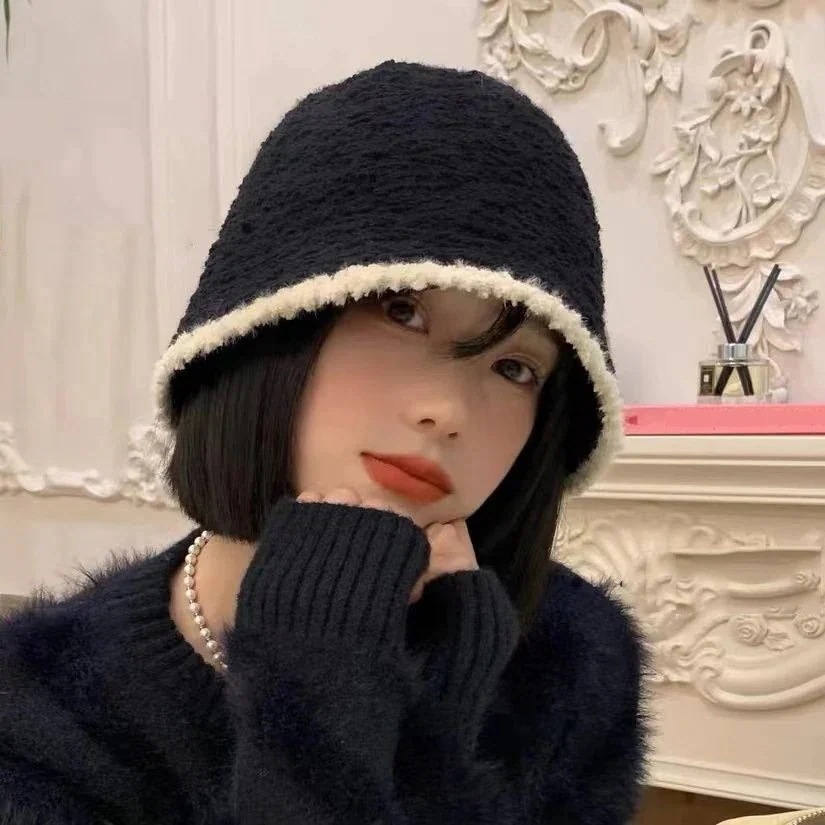 韓国 ニット帽 帽子 保温 大きな頭囲 ハット 春冬 レディース 百掛け ボア 切り替え ニット帽 小顔効果 バケットハット