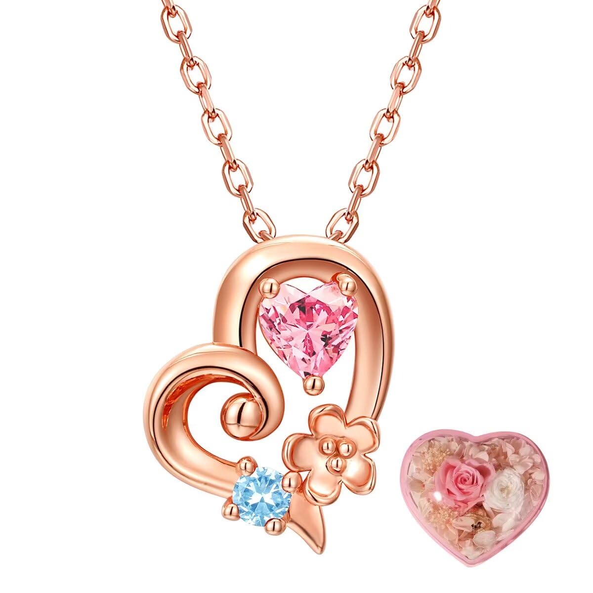 [OLIORC] 誕生石ネックレス 925純銀製 ハートフラワー 金属アレルギー対応 レディースネックレス 枯れない花プリザーブドフラワー (ピンクゴールド3月)