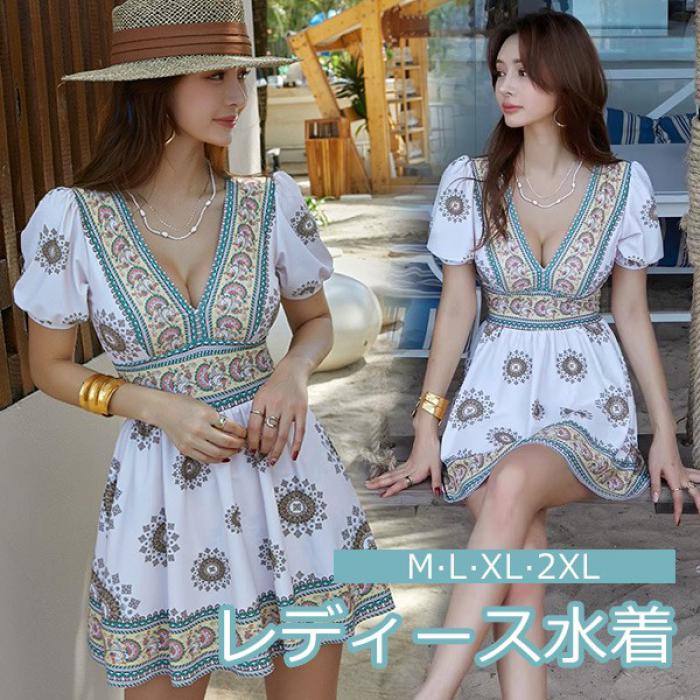 韓国ファッション ワンピース水着 エスニック Vネック 服みたいな 水着 半袖 パッド付 レディース 着痩せ レトロ風 セクシー 写真映え 撮影用 海 夏 サマー プール リゾート かわいい 旅行 温