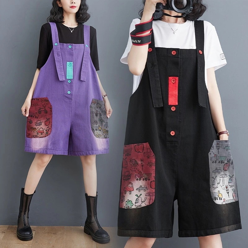 大きいサイズ夏コーデ完成！サロペット ワイドパンツ 五分パンツジーンズ ラックスパンツ