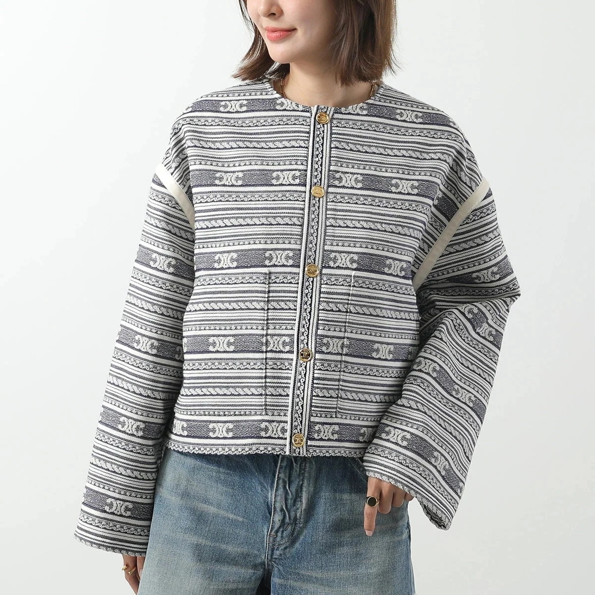 CELINE セリーヌ バハ カーディガンジャケット RV0NW0028.97MI レディース 長袖 トリオンフ ウールブレンド ノーカラー ブルー