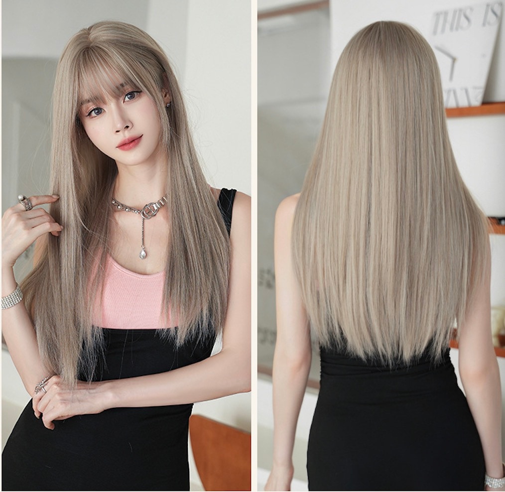 レディース ロングストレートウィッグ 64cm ミルキーグレー 韓国風 高温耐熱 フルウィッグ 自然軽量 通気性