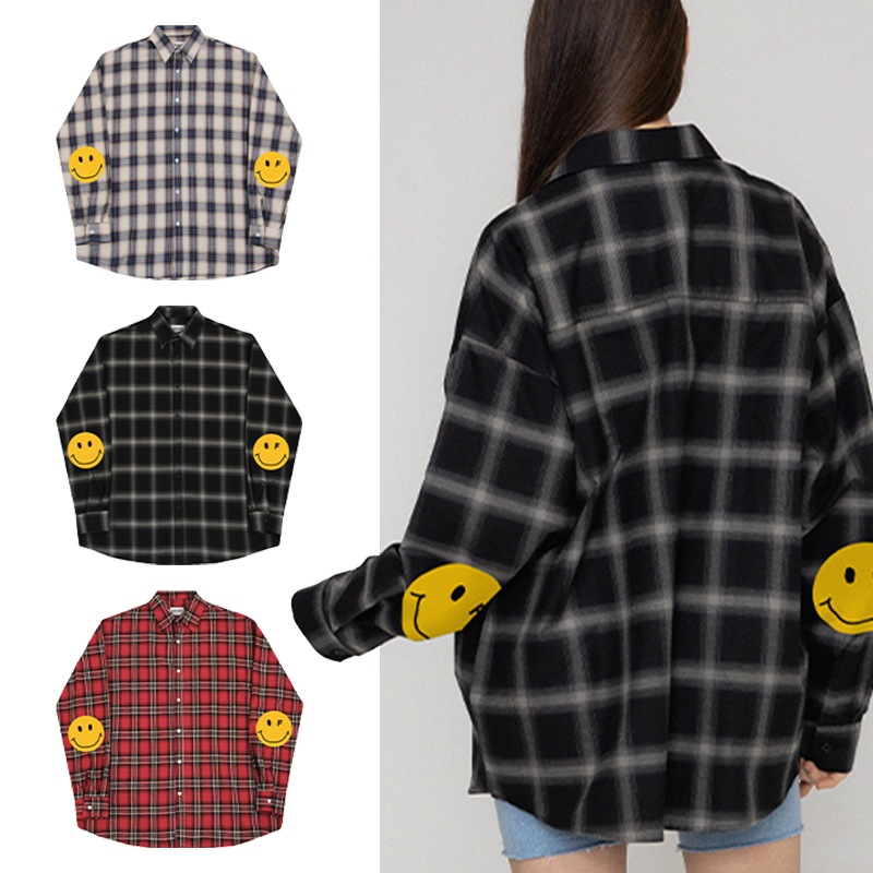 [UNISEX]Elbow Dot Smile Oversized Fit Check Shirt_3color