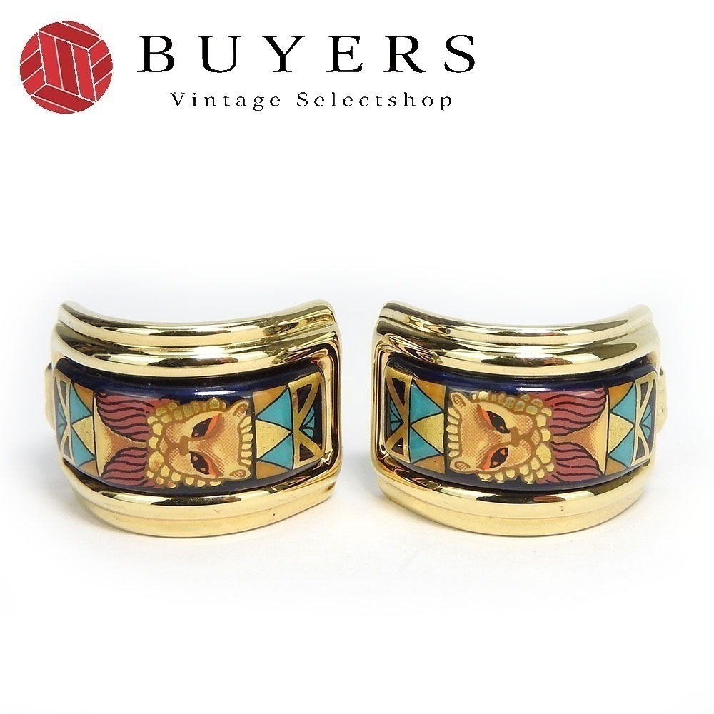中古 イヤリング エマイユ メタル 七宝焼き マルチカラー ゴールド ネイビーブルー ライオン アクセサリー レディース 女性