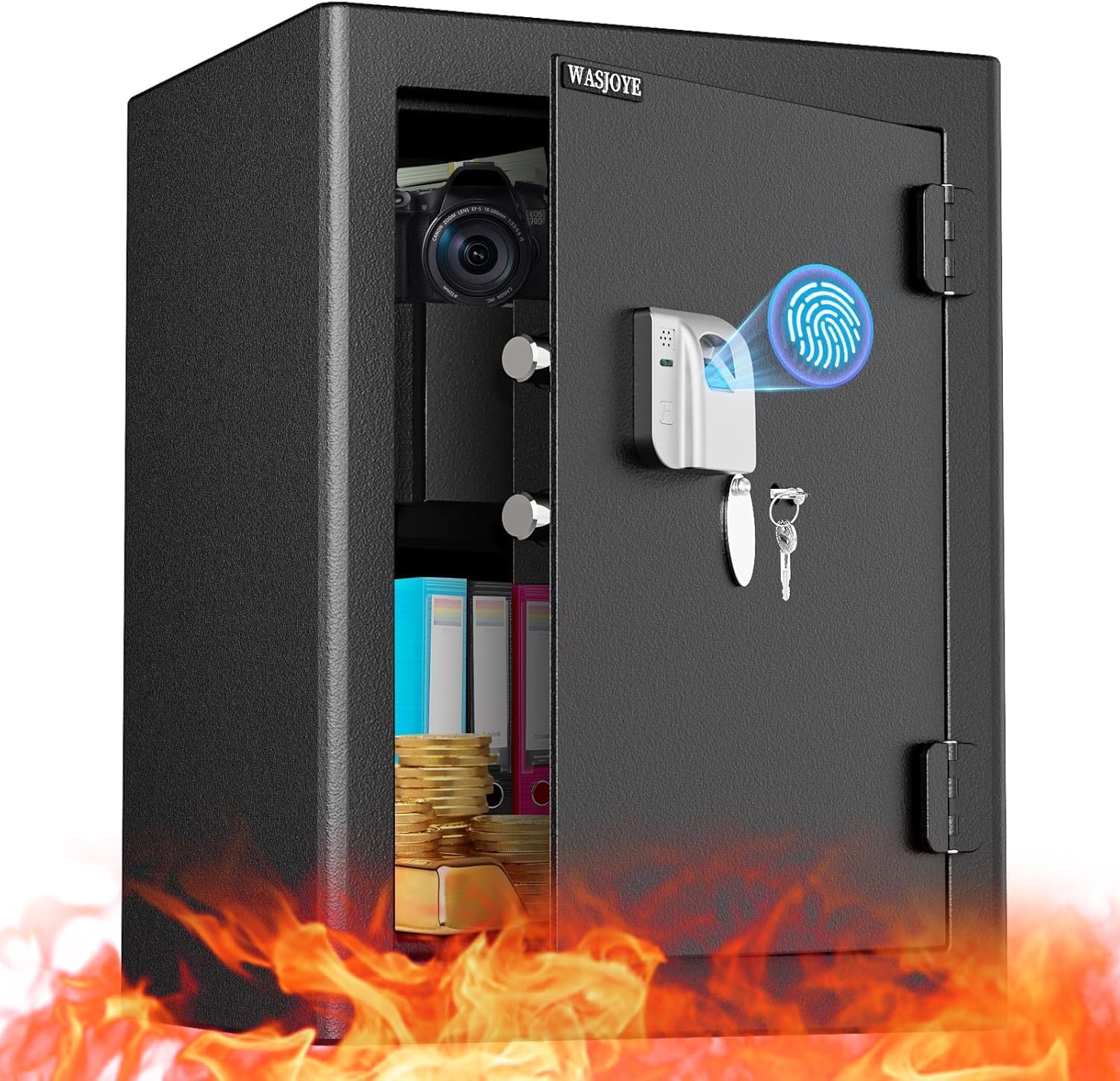 WASJOYE 指紋認証式 金庫 耐火引き出し内蔵 火災対策金庫 指紋認証金庫 家庭用 業務用 ホテル用 店舗用 A4ファイル対応 固定可能 鍵付き 防犯耐火金庫 セキュリティーボックス おしゃれなデ 18,689円