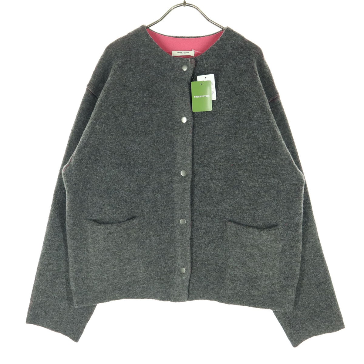 未使用 長袖 スナップ ニットカーディガン F チャコール ピンク レディース 古着