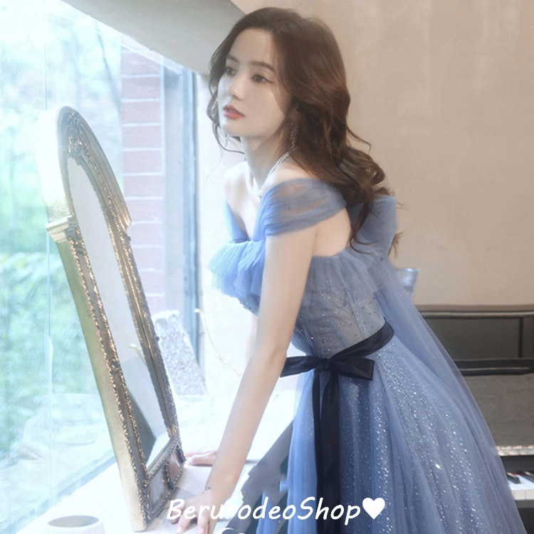 イブニングドレス ブルー ロングドレス キャミドレス チュール ドレス 姫系 発表会ドレス オフショルダー 結婚式ドレス 二次会ドレス パーティードレス ウエストリボン オシャレ XS S M L X