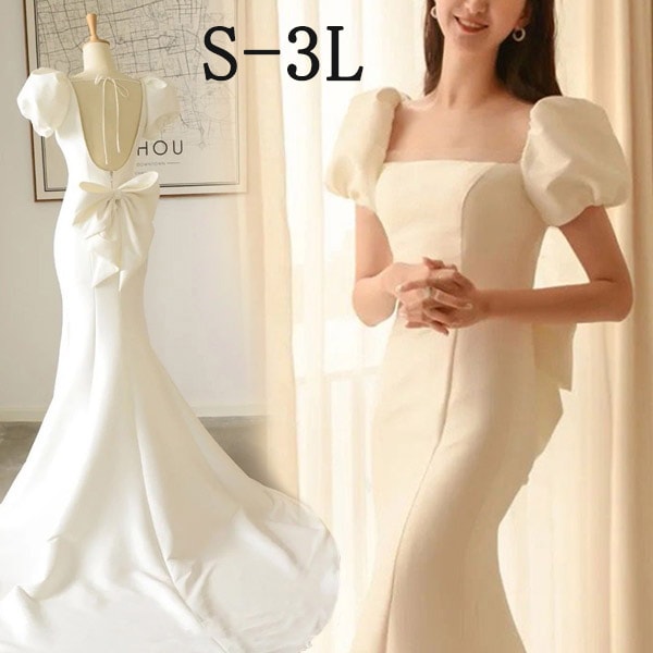 ウェディングドレス 花嫁 ファスナー パフスリーブ マーメイドライン 白ドレス ワンピース 結婚式 二次会 披露宴 前撮り 後撮り 撮影用 ビーチフォト フォトウェディング ロング トレーンドレス ス