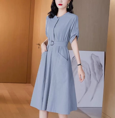 ドレス ワンピース ミディアムドレス ミディアム ミディアム丈 袖あり 半袖 Uネック Aライン ハイウエスト ウエストライン ベルト かわいい きれいめ シンプル 大人 上品 おしゃれ かっこいい