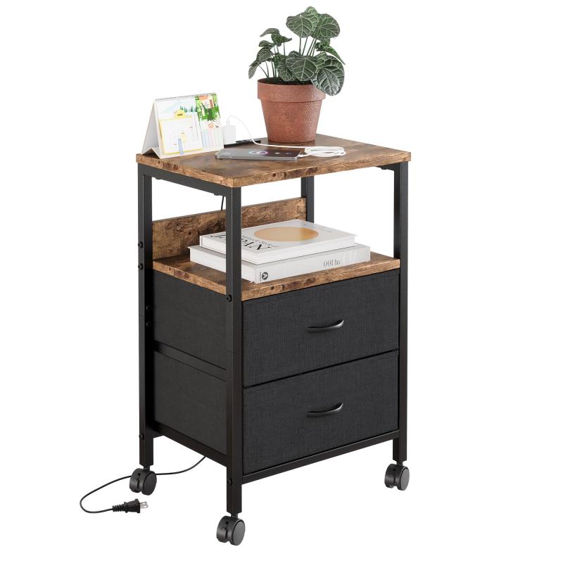 サイドテーブル キャスター付き ナイトテーブル 2つ引き出し付きのベッドサイド テーブル コンセント付き 可移動ナイトテーブル ベッド横 テーブル 北欧 洋服 タンス 天板付き (ビンテージ, 幅40