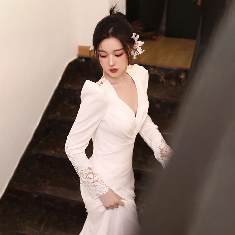 ドレス ワンピース ウェディング パーティー 結婚式 二次会 披露宴 ステージ 舞台 キャバ ダンス ラウンジ クラブ ロング 長袖 Vネック タイト スリム 細身 Iライン マーメイド 刺繍