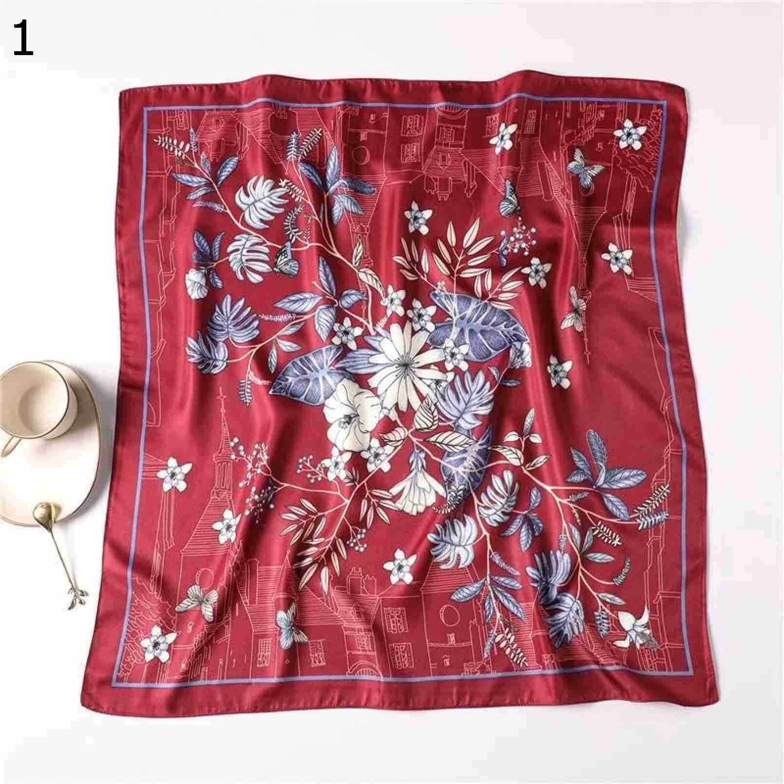 【20%OFFクーポン～】ネックスカーフバッグの装飾スカーフカチューシャ花葉蝶プリント女性サテン小さな正方形ヘッド スカーフ (Color : Wine red Size : 70x70cm)