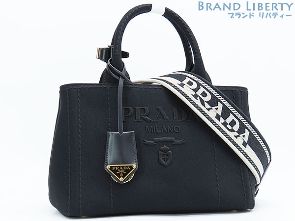 新古品プラダカナパリカーモ2WAYハンドバッグショルダートートバッグ刺繍NEROブラックコットンキャンバス1BG464