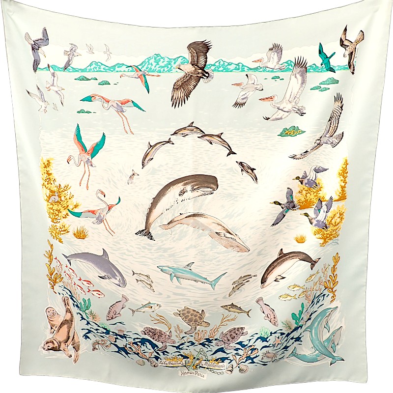 カレ90 Lavie Precieuse de la Mediterranee スカーフ シルク ライトブルー レディース【ABランク】