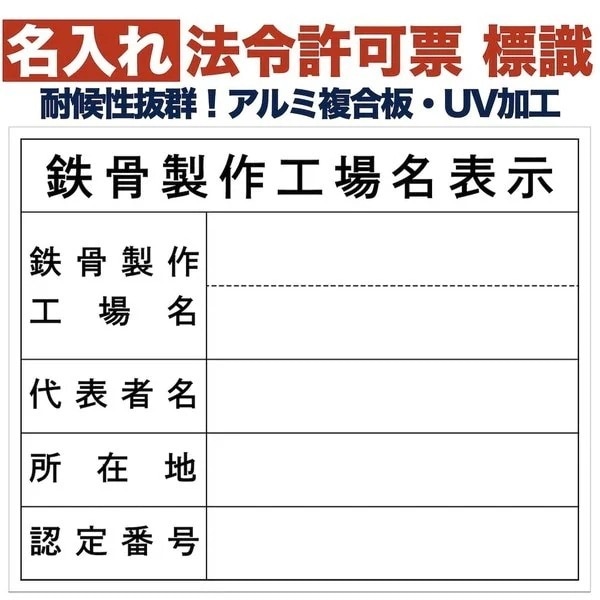 名入れあり 法令許可票 鉄骨製作工場名表示（単独） 標識 看板 500mm400mm アルミ複合板