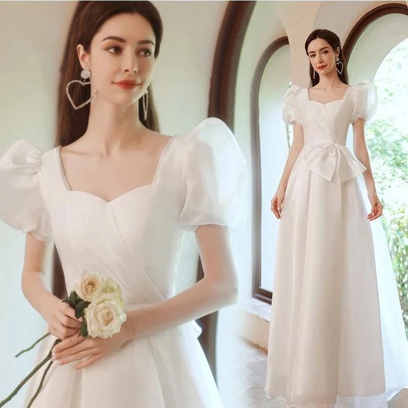 ウエディングドレス ロング丈 フォマール ドレス パフスリーブ ロングドレス 大きいリボン シンプル パーティー ドレス 結婚式 二次会 お呼ばれ 演奏会 発表会