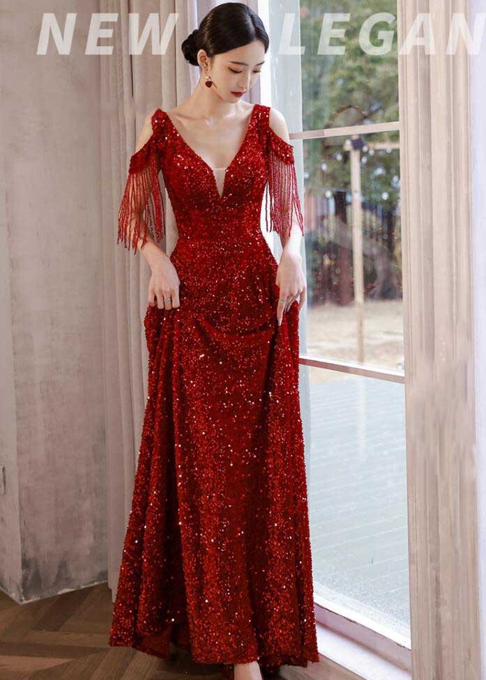 レディースドレス ウェディングドレス 宴会 結婚式 花嫁 ロングドレス マキシ丈 ミモレ丈 お洒落 スパンコール 無地 高級感 Ｖネック フレンジ 宴会 披露宴 音楽会 Aライン 編み上げ 新着 着痩