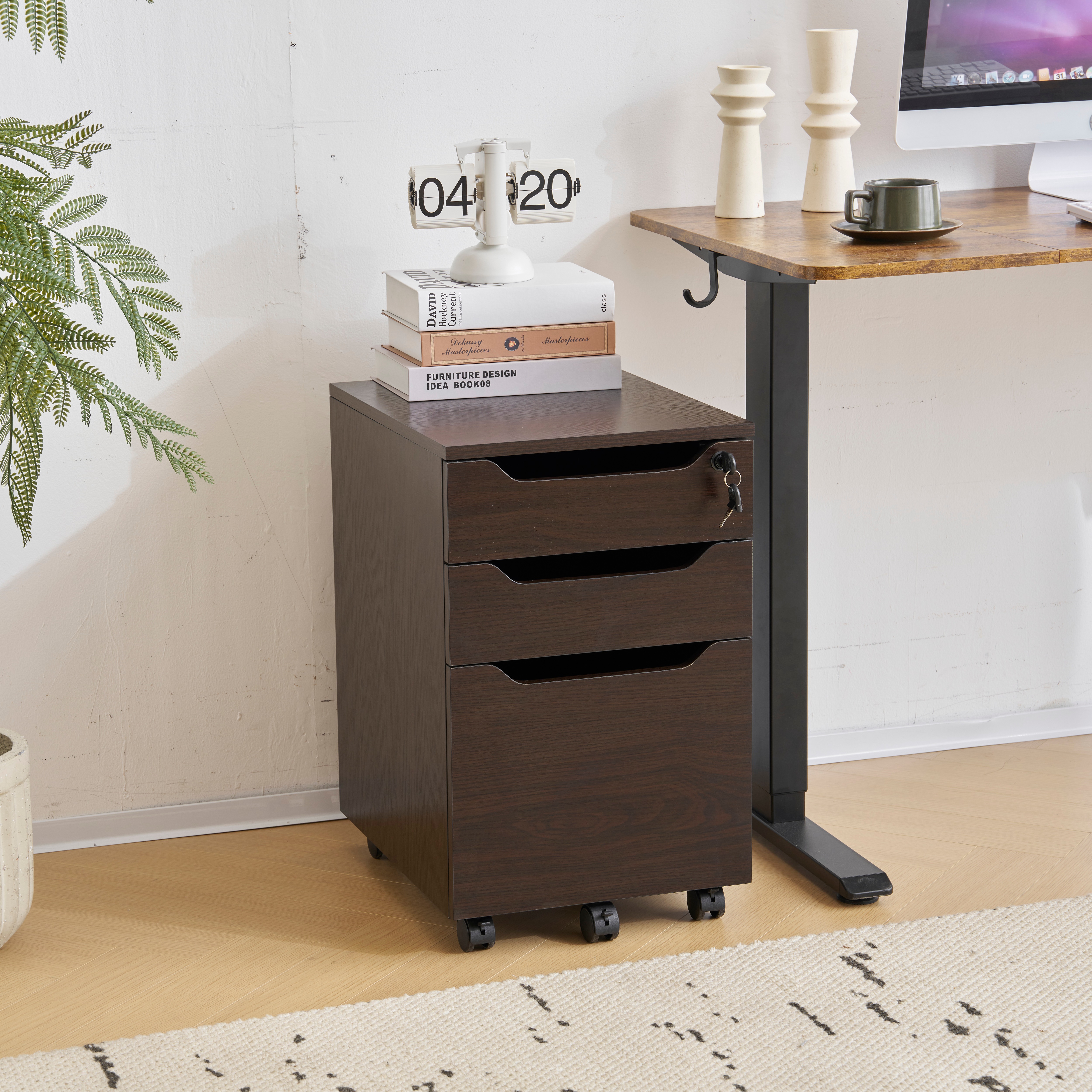 【人気商品】デスクワゴン サイドワゴン ラック　鍵付き キャスター付き 脇机 オフィス クルミ