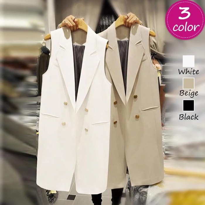 【急速出荷!】ジレ カジュアルコート ロングジレ ミモレ丈　ロング丈　ベスト レディース トレンチベスト ロング丈スーツベスト テーランドカラー アウター 大きいサイズ ブラック ホワイト ベージュ春