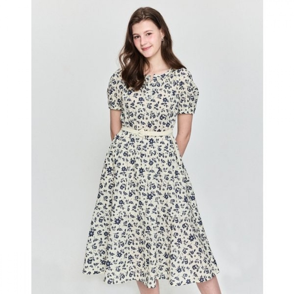 [25SS] ラウンドネックコットンフラワーショートスリーブドレスベージュ HSDR5B306I1