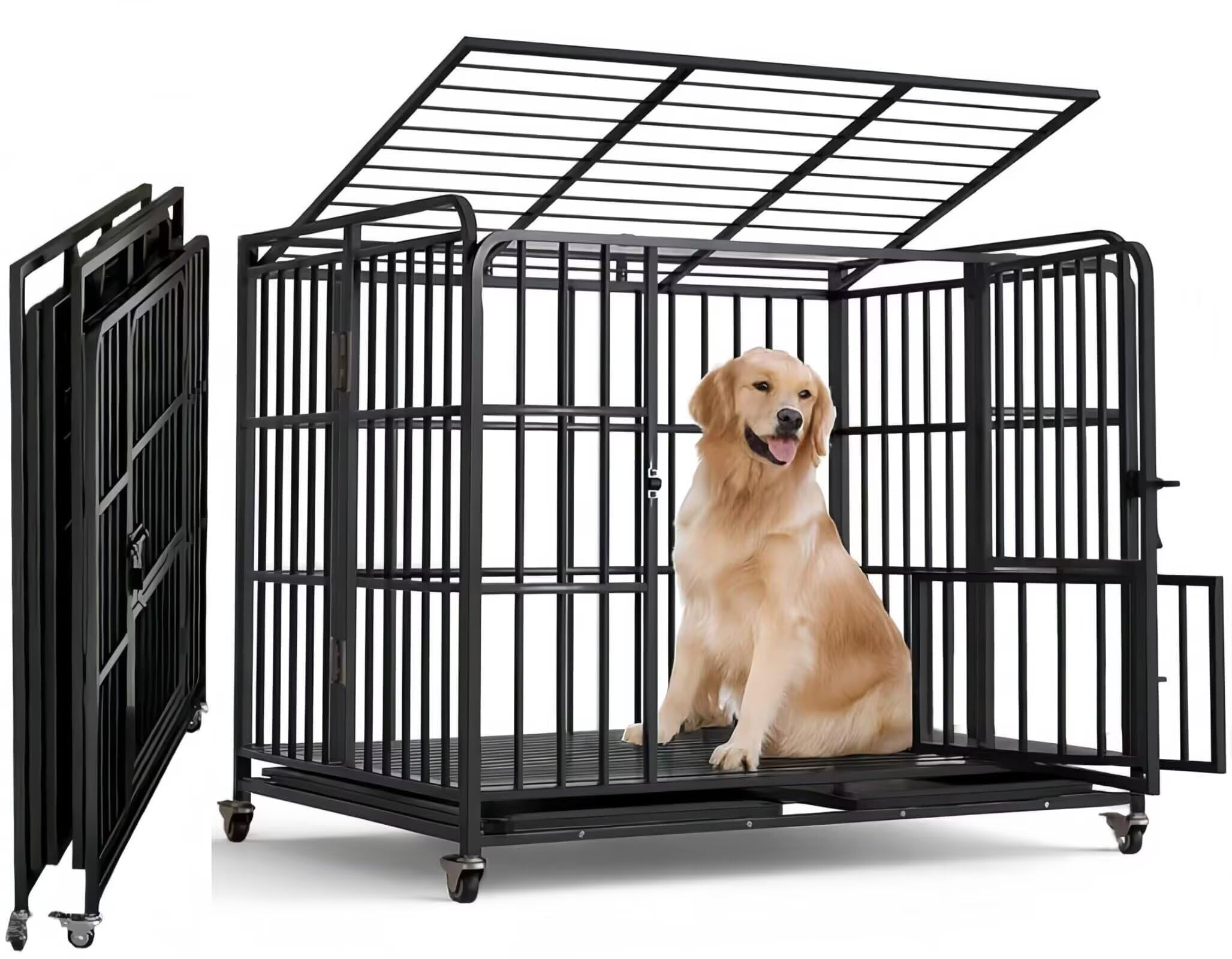 犬のケージ ペットケージ 大型 犬用クレート 幅125.8*奥行き95*高さ110cm 折りたたみ可能 キャスター付き 移動しやすい 引き出し式トレー 掃除簡単 適用中型 大型犬 脱走防止 ペット用品