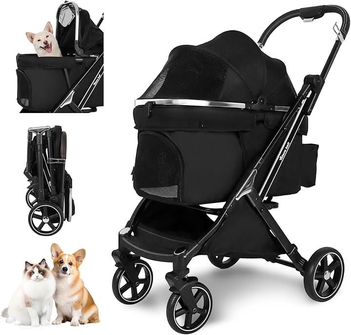 ペットカート 犬 バギー 4輪 犬用カート 中型犬 小型犬2匹 猫 飛び出し防止リード2本付き 耐荷重30Kg 一体型 ワンタッチ折り畳み コンパクト収納 自立式 広い空間 (ブラック)