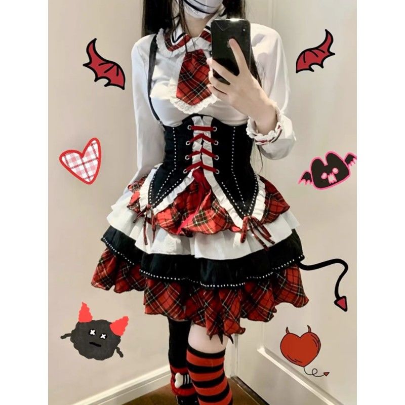 ハロウィンロリータかわいいガーリーウエストベストベスト長袖シャツハイウエストチュチュスカートスーツ