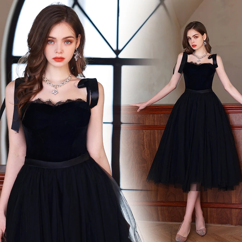 二次会 結婚式 パーティードレスブラックのキャミソールドレス ウエディングドレス シンプルワンワードショルダー花嫁ウエディングドレスディナーパーティーパーティードレス演奏会