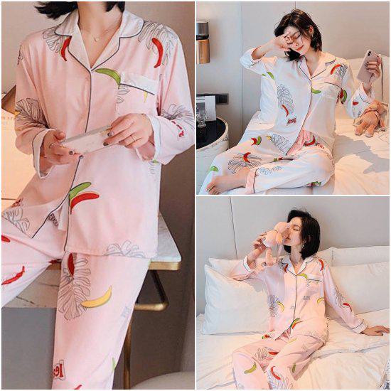 取寄パジャマ ルームウェア レディース 大きいサイズ おうちコーデ セットアップ 上下セット パジャマスーツ 長袖 折り襟 バナナ柄 部屋着 寝巻き キュート 可愛い おしゃれ 定番シルエット フルー