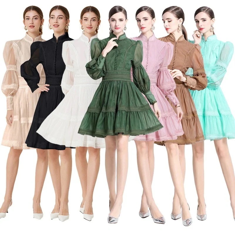 スタンドカラーランタンスリーブミニワンピース（マルチボタン） 入学式 卒業式 結婚式 演奏会 パーーティー お呼ばれドレス