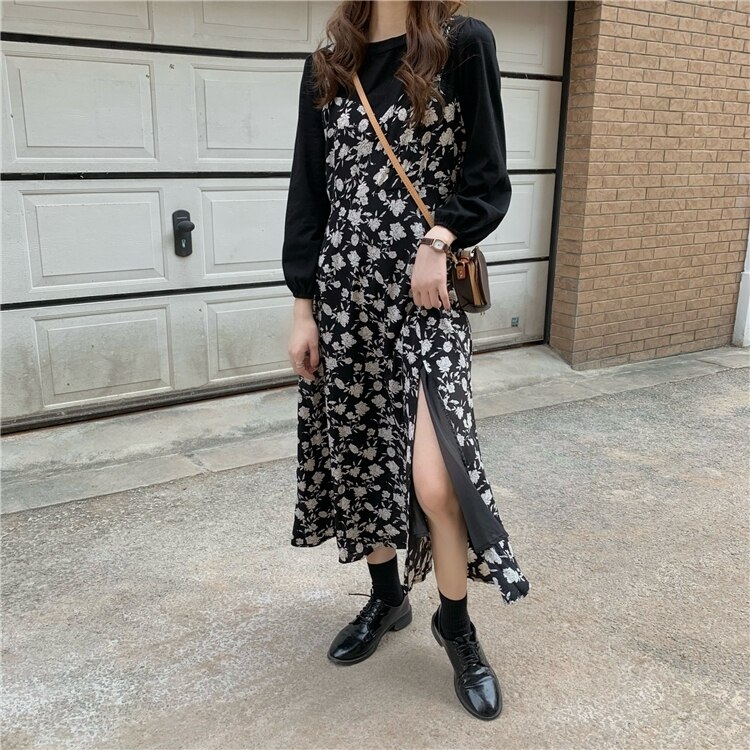 ワンピース 長袖 春 秋 きれいめ ロング aライン 膝下 ミドル丈 パフスリーブ ラウンドネック スリム 細身 ドッキングワンピース スリット サイドスリット ドッキング ブラック ワンサイズ かわ
