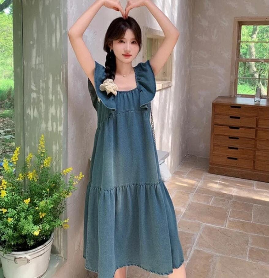 ショルダーフリルデニムティアードワンピース 薄い 甘い かわいい フレンチ 薄い ルーズ Aラインスカート