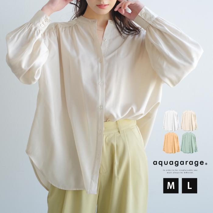 【迅速出荷】販売最低価 ! ギャザーブラウス レディース 春 秋 M L トップス シャツ バンドカラー ノーカラー ロング丈 長袖 ビッグシルエット