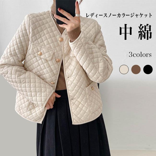 ツイード ジャケット コート ダウン レディース ショートコート アウター スプリングコート ノーカラー 厚手 羽織 前開き Vネック ポケット付き 冬 プレゼント 8,099円