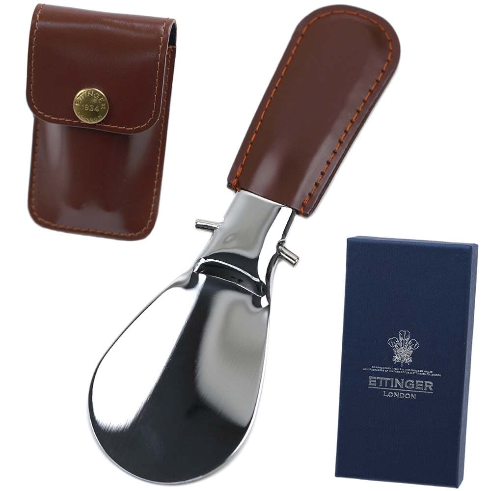 [訳ありアウトレット] エッティンガー 靴ベラ 携帯用 牛革(ブライドルレザー) ブラウン シルバー ETTINGER SHOE HORN IN POUCH BH298JR Havana BH298J
