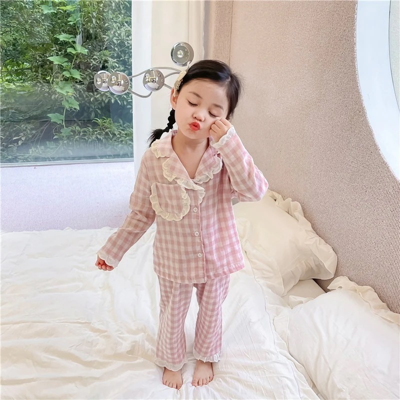 子供用パジャマチェック柄パジャマセット 長袖ロングパンツ 部屋着