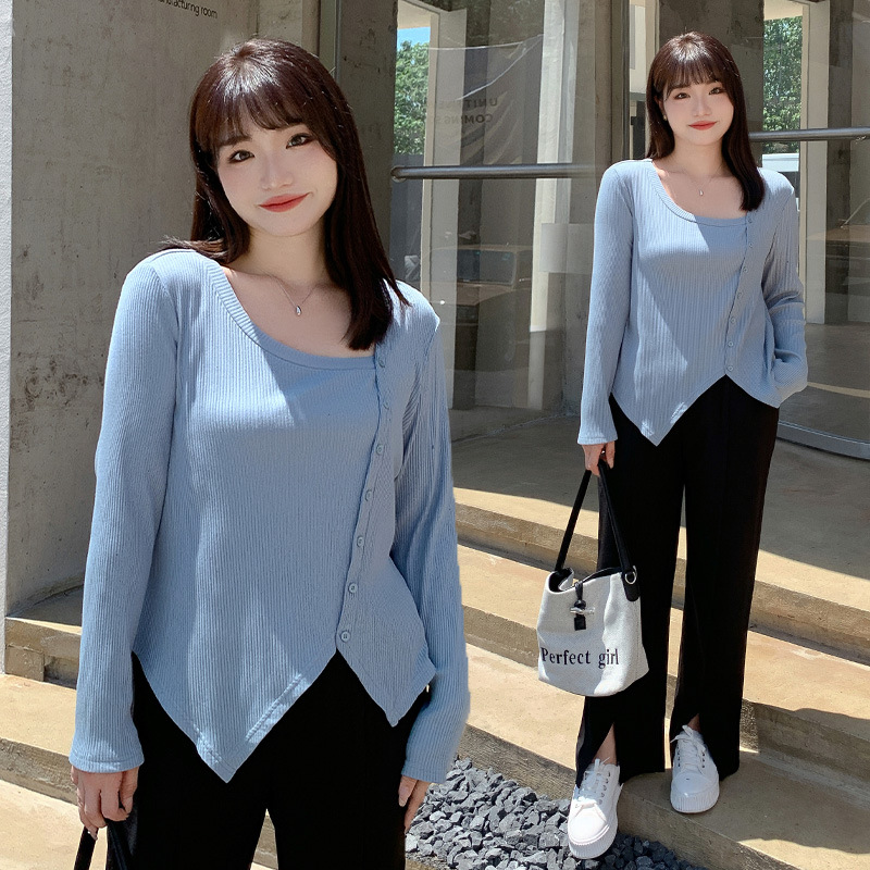 5L 4L 秋冬 韓国 大きいサイズ 長袖ニットトップス レディースシャツブラウス タイト ストレッチ 30代 40代 50代 60代甘辛い上着がお腹を隠している大きいサイズの女装早秋正肩フレンチフラ