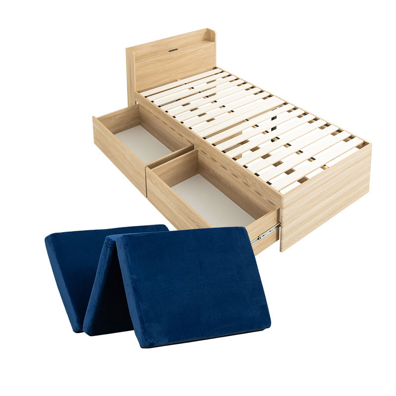 日本製 フロアベッド 照明 連結ベッド ダブル （ポケットコイルマットレス（両面仕様）付き） 『Tonarine』トナリネ ブラウン〔代引不可〕 日本製 棚付き 照明付き フロアベッド+日本製 体圧分散 ポケットコイル