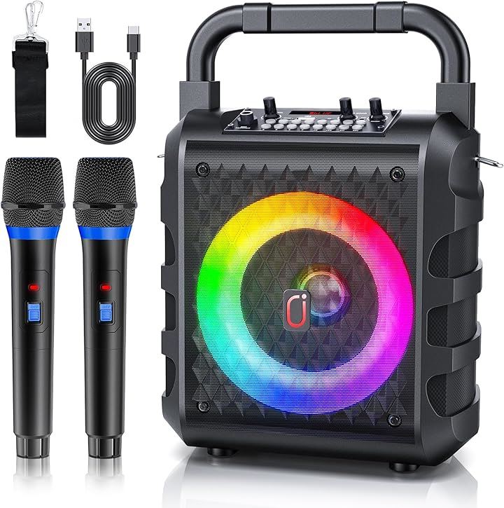 スピーカーセット カラオケセット 家庭用 拡声器 ワイヤレスマイク ２本 Bluetooth 5.1 小型 PAセット カラオケマシン SDカード(ブラック, 28x18x38CM)