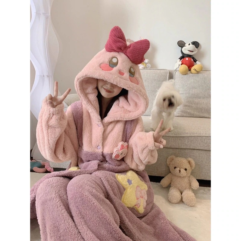 66202 カービィ コーラル ベルベット パジャマ レディース ミドル丈 秋 厚みのあるベルベット 漫画 かわいい パジャマ セット 冬