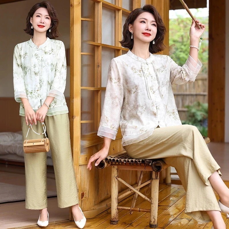 セットアップ 夏の薄手カジュアルママスーツ女新中式七分袖トップスパンツ2点セット スウェット上下セット ルームウェア スーツ レディース セットアップ 半袖