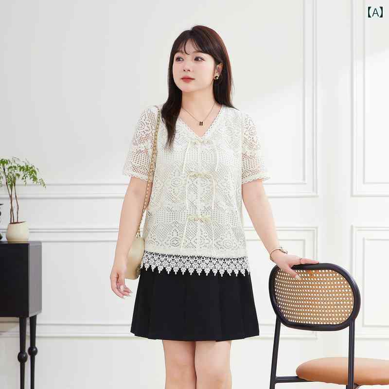 きめサイズ レディース シャツ ブラウス チャイナ風 夏 ぽっちゃり パフスリーブ カジュアル レジャー ショッピング ホームウェア トップス 婦人