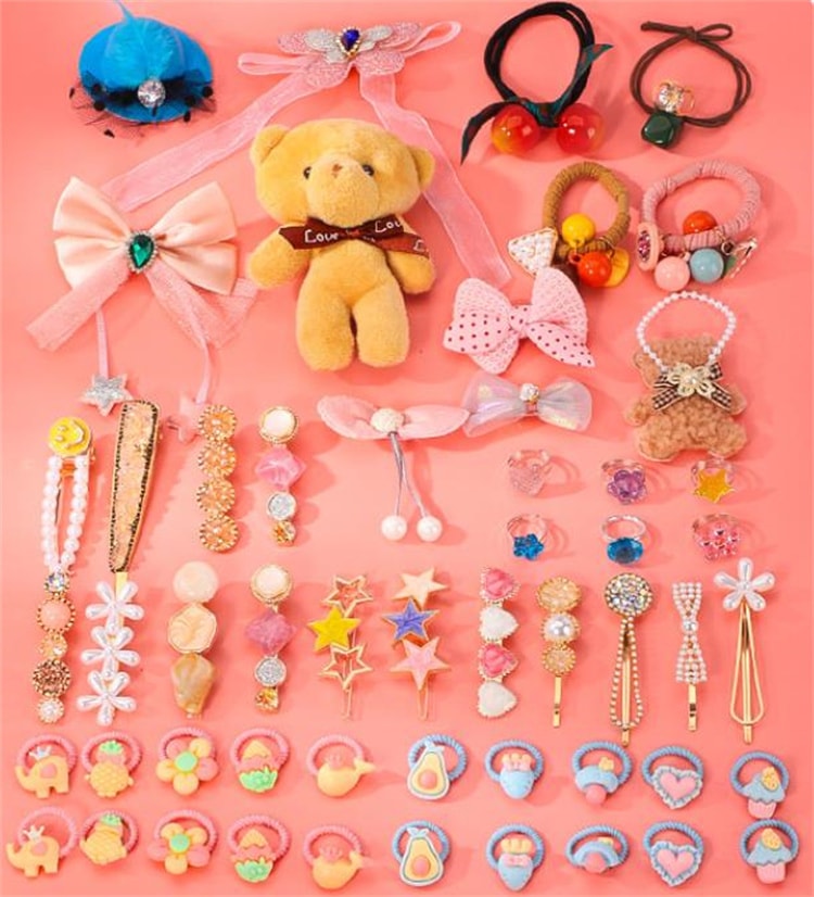 早い者勝ち 子供の髪飾り 人形 53点セット 斜めがけバッグ 可愛い ヘアピン 皮筋 頭飾り 誕生日ギフトボックス