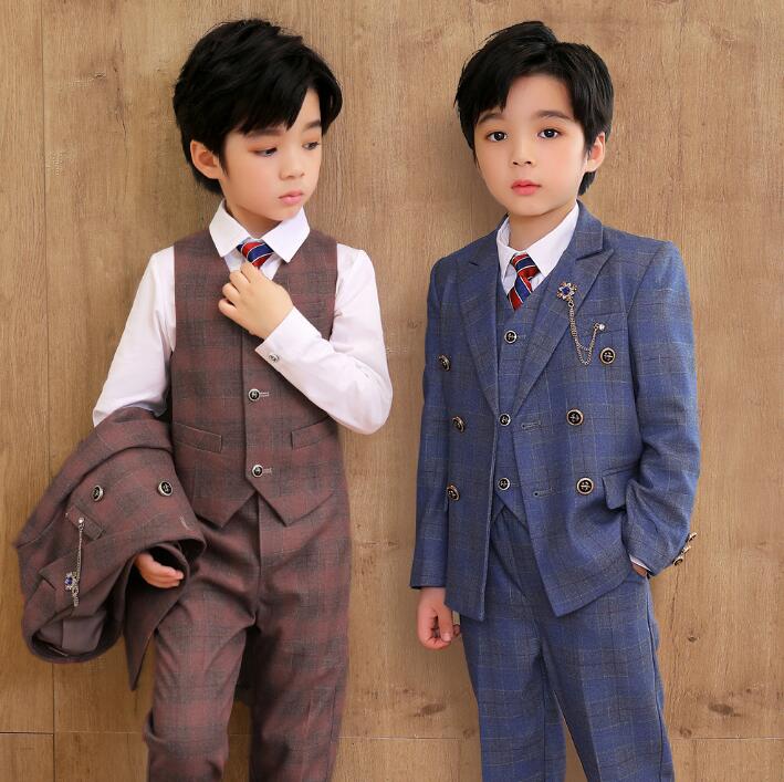 子どもスーツキッズスーツタキシード入学式入園式卒園式結婚式男lの子スーツフォーマルスーツ子ベビースーツチェック柄カジュアルセットアップ5点セットジャケット+ベスト+パンツ+ネクタイ+ブローチ上下セット