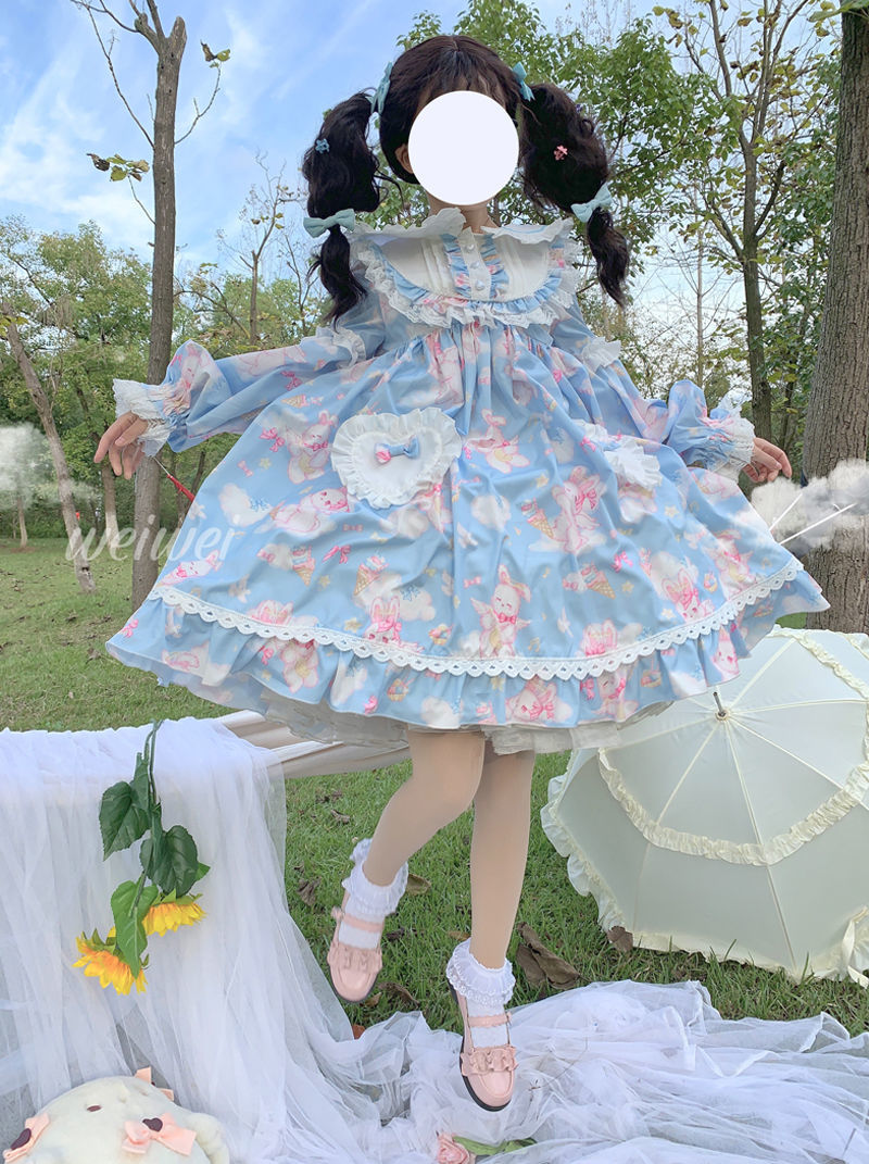 ラベンダー ロリータドレス ウサギ柄 Qoo10] Lolita ロリータ 可愛いうさぎ 柄 : レディース服