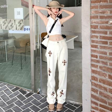 ボトムス パンツ ストレート レディース 個性的 十字架 ヒョウ 柄 レオパード ハイウエスト 大人可愛い カジュアル ラフ ルーズ お洒落 ベージュ XS S M L XL 春 夏 秋 冬 オールシ