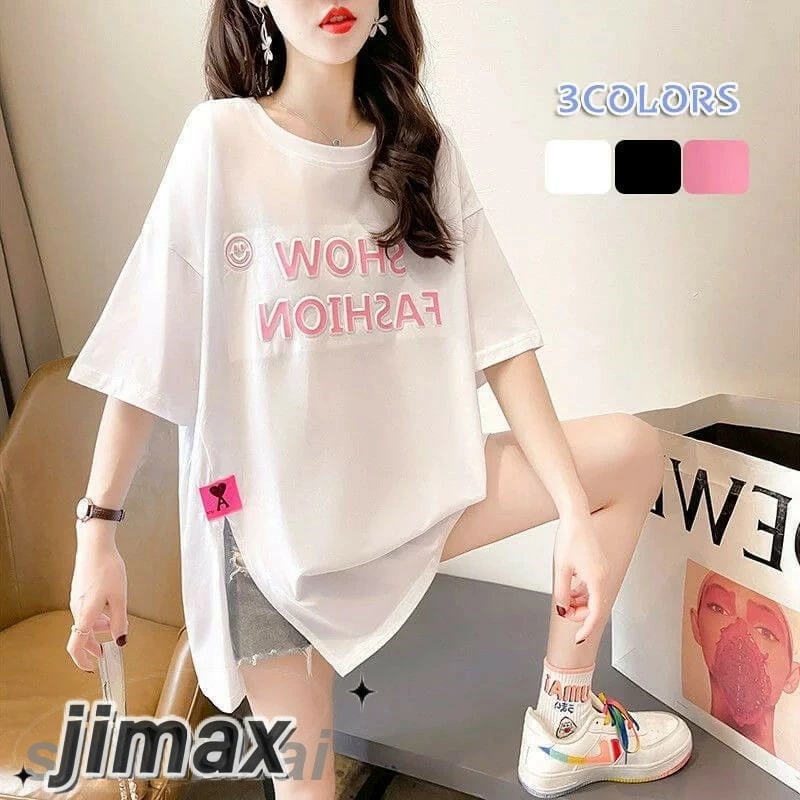 スリット Tシャツ レディース 半袖 おしゃれ トップス ロゴＴ カットソー プリント ゆったり 大きいサイズ 体型カバー 部屋着 カジュアル シンプル こなれ感 白 黒 大人 女性 ホワイトデー