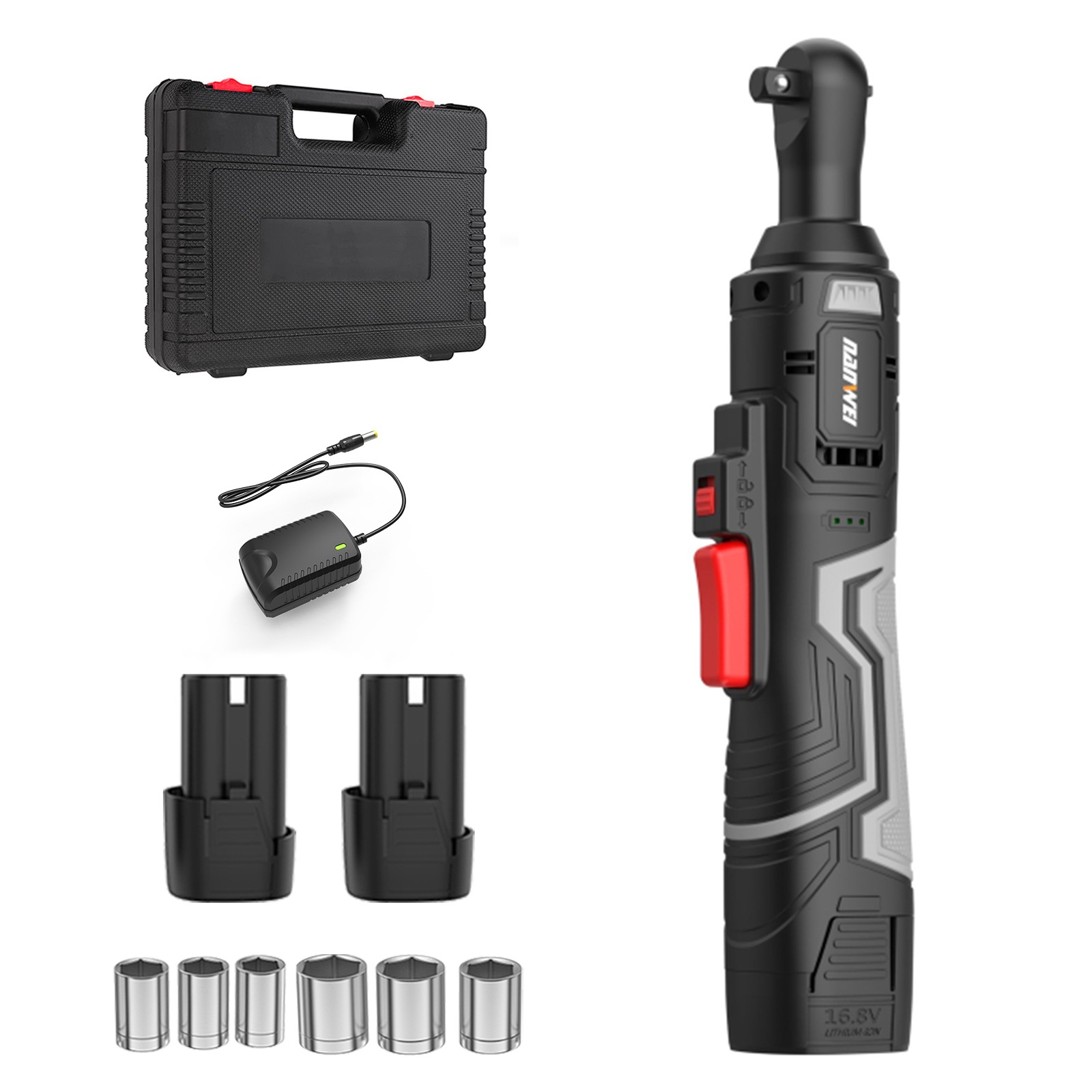 充電式ラチェットレンチ 16.8V コードレス電動ラチェットレンチ ソケットレンチセット 最大トルク45Nm 現場改装 足場の組立 自転車修理 LEDライト 差込角3/8