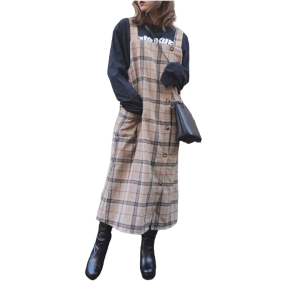 Beige Check Wool Touch Cami-Onepiece A,D,G レディース